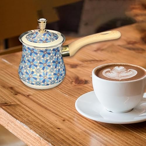 Qianly Stainless Steel Turkish Coffee Pot Milk Pot with Lid Butter Melting Pot Kitchen Accessory Easy to Clean Making Latte Art, Blue Pattern, 720ml