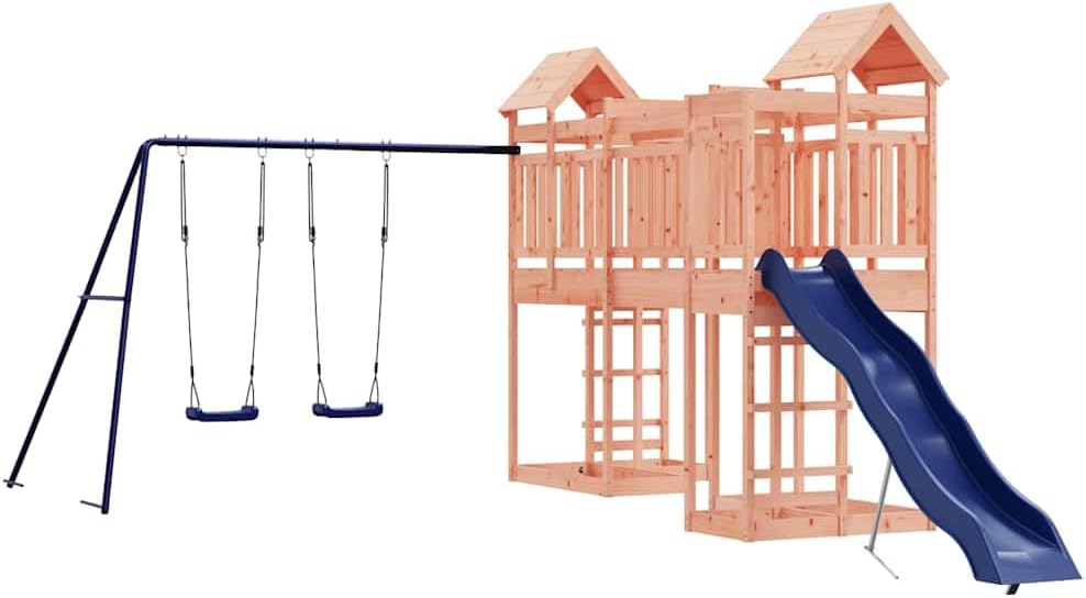 Outdoor Wooden Playset for Kids, Large Backyard Swing Set with Slide and Play Tower, Durable Solid Douglas Fir Wood Playground for 4 Children, Brown