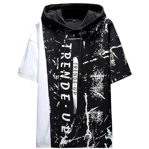 KENAIJING Kurzarm Hoodie Herren Baumwolle Tshirt mit Kapuze Kapuzenshirt Kapuzenpulli Sommer Pullover (L, Schwarz)