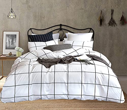 Image of KAREVER White Grid Comforter Set Big Grid Bedding Set Full White Black Plaid Printed Stripes Women Checkered Comforters Bedding Set Girls White Grid Bed Blanket Set White Plaid Full Comforter