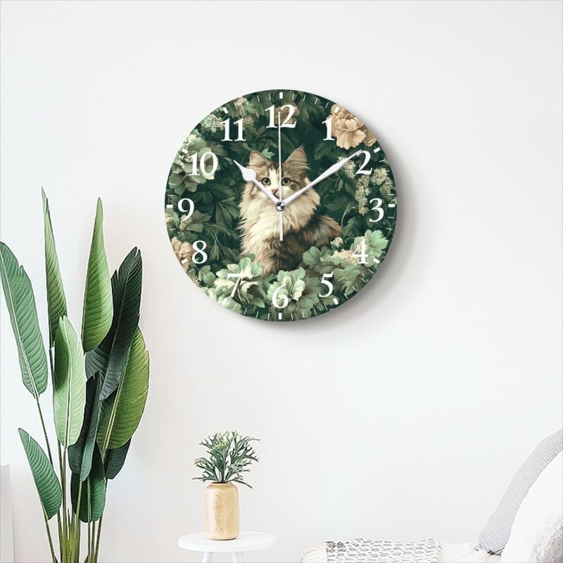 Battery Operated Round Wall Clock Non-Ticking Silent Analog Clcok Decorative for Living Room,Office,Kitchen-Pattern of Cute Cat Animal Green Flowers (14inch)