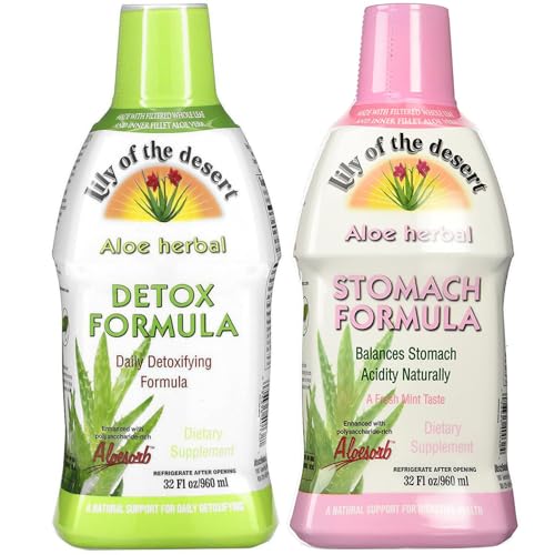 Lily Of The Desert Stomach Formula & Detox Formula Variety 2-Pack – Aloe Vera and Herbs for Gut Health, Liver Detox, Heartburn Relief, 32 Fl Oz Ea