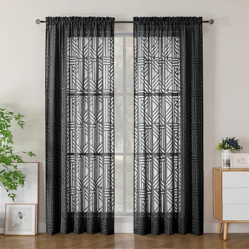 Simplebrand Semi Sheer Black Curtains 84 Inches Long 2 Panels, Light Filtering Geometric Jacquard Clip Textured Sheer Curtains for Bedroom，Modern Elegant Window Curtains Drapes，52x84 inch