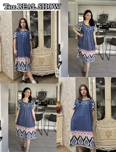 Image of Ekouaer Women's House Dress with Pocket Button Mumus | Short Sleeve Nightgown, Floral Print Mumu Dresses, Square Casual Sleepwear, Boho Roomy Housecoat, Plus Size Soft Sleepwear