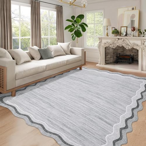 GarveeHome Scalloped Washable 8x10 Rugs for Living Room Bedroom Large Scalloped Solid Rug Non-Slip Stain Resistant Carpet Easy Clean Kids&Pet Friendly Carpet for Nursery Dining Room Table Dorm Grey