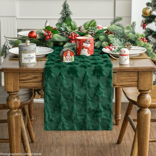 Artoid Mode Christmas Trees Green Soft Plush Faux Fur Jacquard Christmas Table Runner, Holiday Kitchen Dining Table Decoration for Home Party Decor 13x72 Inch