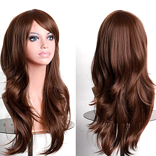 YEESHEDO 28" 70 cm Dark Brown Long Wavy Curly Hair Cosplay Wigs with Bangs for Women Girls Heat Resistant Synthetic Wig for Party Costume Anime Halloween (Dark brown)