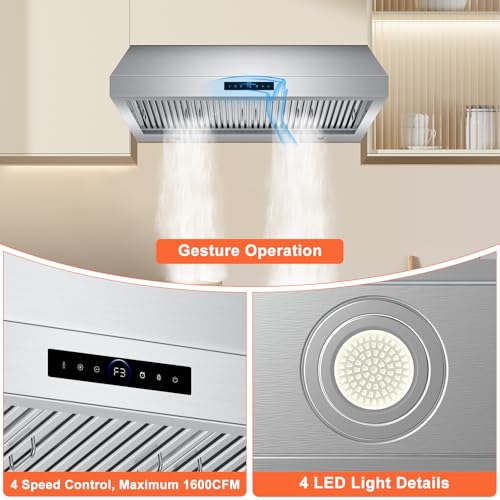 Image of 48 Inch Under Cabinet Range Hood 1600CFM, 4-Speed Kitchen Hood with Touch Control & Gesture Sensing Stainless Steel Kitchen Stove Vent Hoods with 4 LED Lights Ultra Series