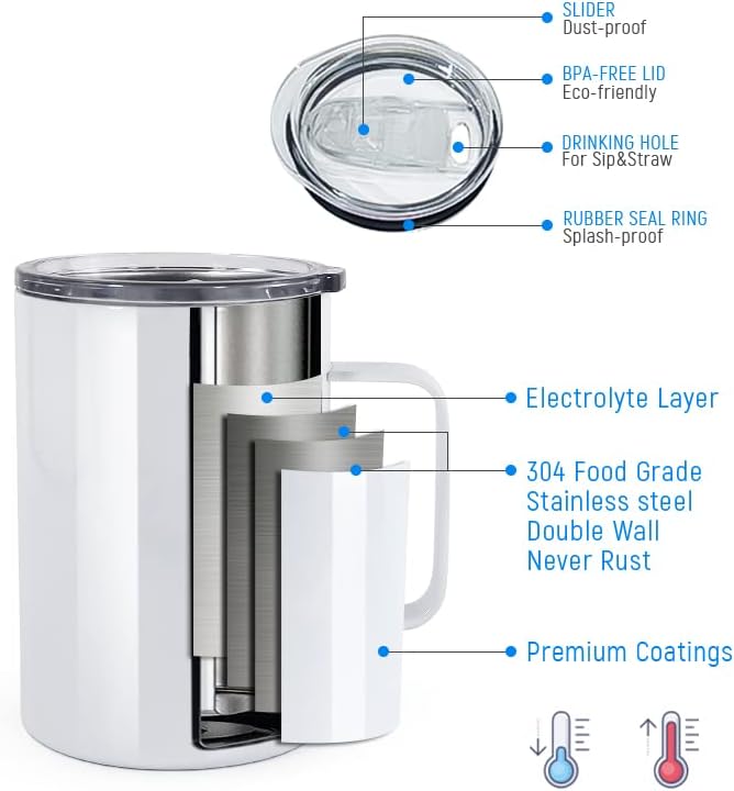 AGH 16oz Sublimation Mugs with Handle, 304 Stainless Steel Sublimation Coffee Mug with Splash-proof Lid, Vacuum Insulated Travel Beer Tea Mug Compatible with Cricut Mug Press, 4 Pack - Image 4