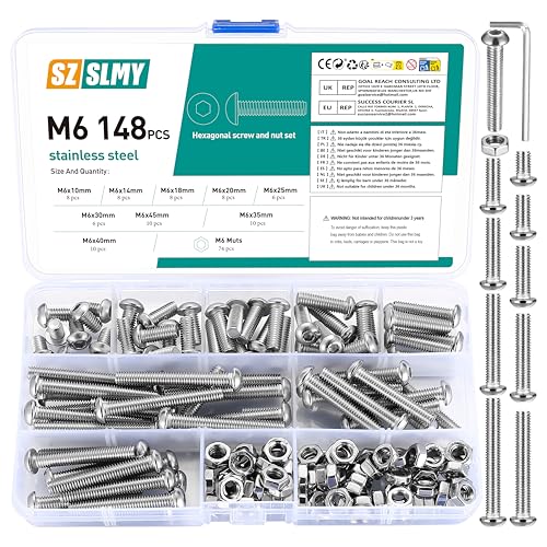 M6 Schrauben Set 148 Stück Linsenkopf Sechskantschrauben Mit Muttern Kit Gewindeschrauben Maschinenschrauben Sechskantkopfschrauben Sortiment - M6