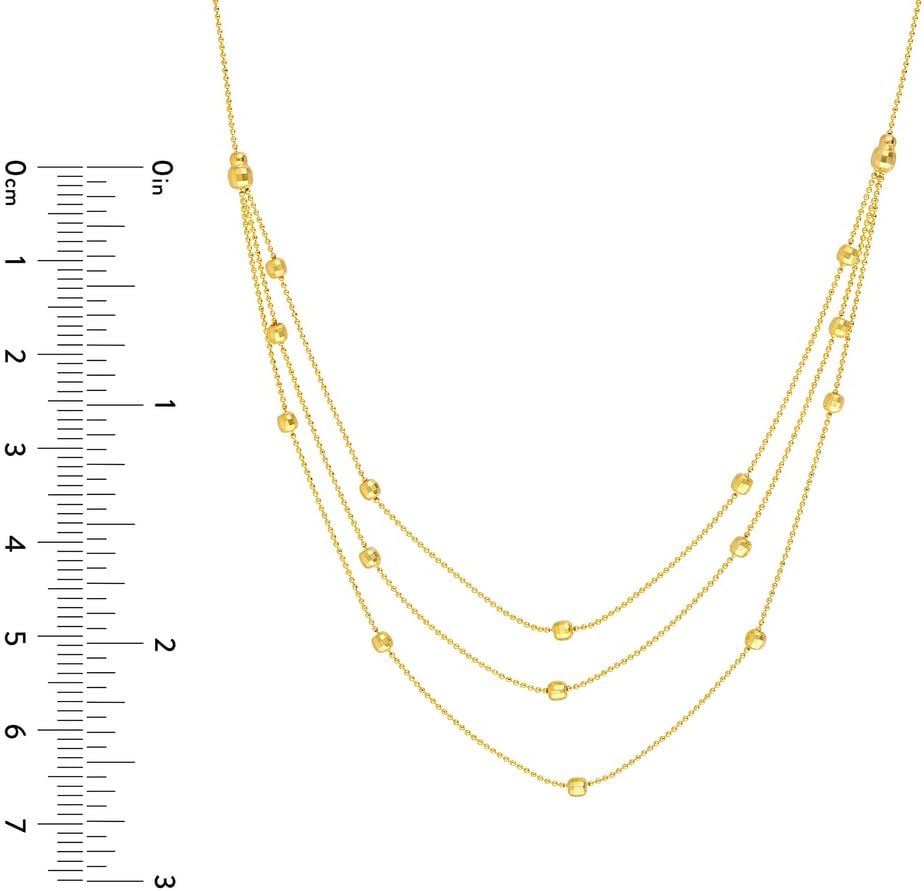 JewelryWeb 14k Yellow Gold Triple Strand Sparkle-Cut Bead Bib Necklace 17 Inch Strand Necklace for Women