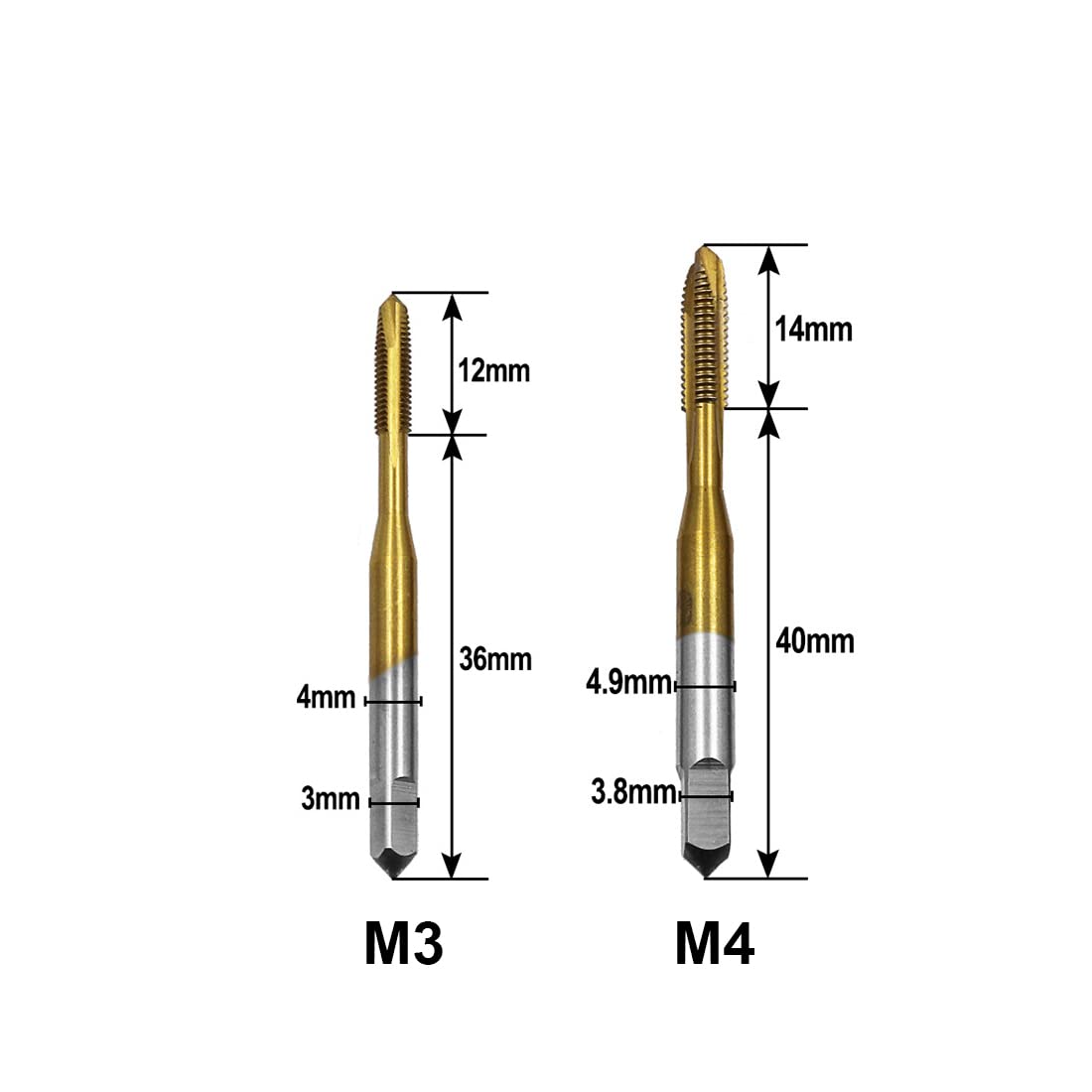 2 x maschi a vite placcati in titanio, maschi universali, maschi a macchina, per fori passanti (M3-M4)