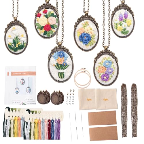 6 Sets Retro Necklace Embroidery Pendant Kit with Instructions, Mini Flower Patterns Embroidered Pendant Necklace with Needle Thread,Chain,Small Cross Stitch Kit with Hoop for Adults DIY Art Crafts