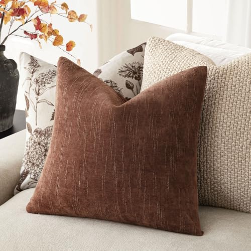 Image of Foindtower Pack of 2 Soft Textured Chenille Throw Decorative Pillow Covers Square Accent Solid Cushion Cover Cozy Neutral Farmhouse Pillow Case for Couch Sofa Bedroom Living Room 18x18 Inch,Red Taupe