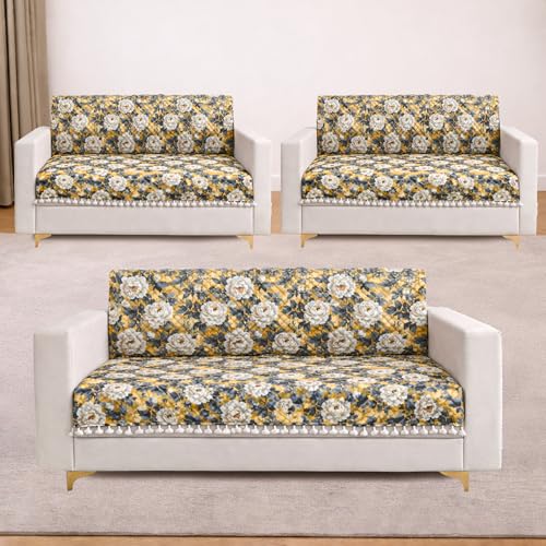 Image of Homerz Premium Printed Quilted Velvet Sofa Slip Cover Protector with Tassels, Sofa Mat, Exact Size, Antislip Cover (Antique Garden, 7 (3+2+2) Seater, Full)
