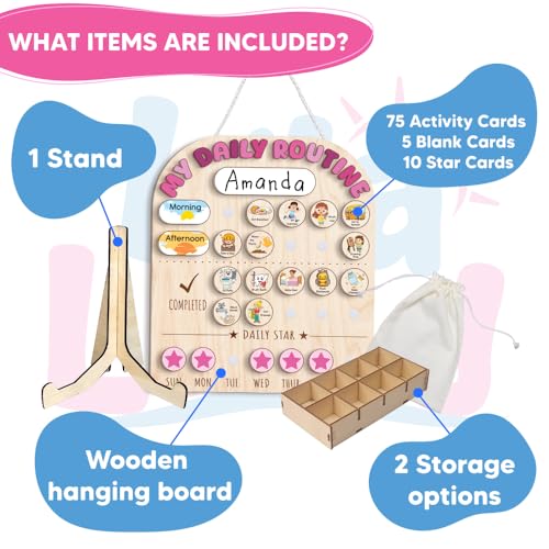 Image of Wooden Daily Routine for Kids, Chore Chart for Toddler, Daily Responsibilities for Kids, Visual Schedule, Morning Bedtime Routine for Girls