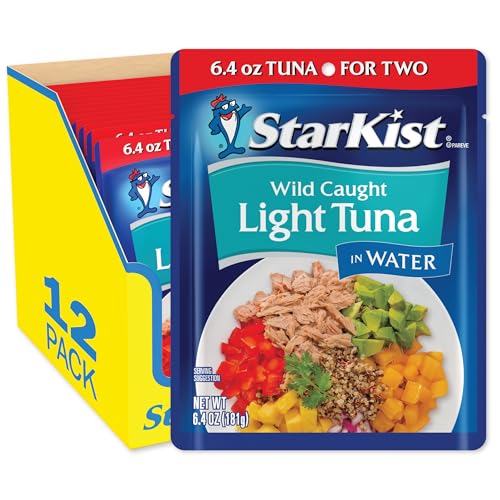Image of StarKist Wild Caught Light Tuna in Water, 6.4oz Pouch, 12-Pack | 19g Protein Per Serving, Ready to Eat, Shelf Stable Seafood, Gluten Free, Soy Free, No Draining for Salads and Sandwiches