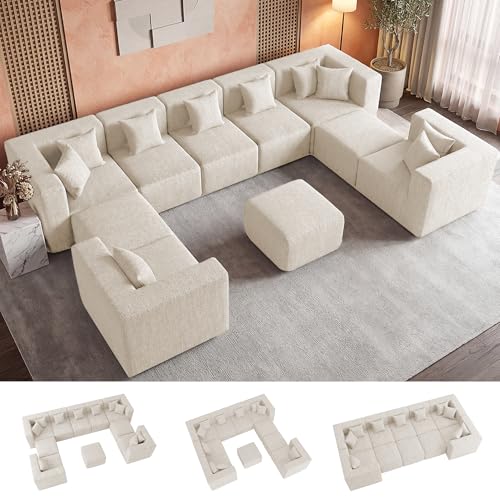 Image of MONVANE Modular Sectional Sofa, Oversized 10 Seat Convertible U Shaped Couch with Ottoman, Comfy Chenille Cloud Couch with Deep Seat, Sectional Couches for Living Room, No Assembly Required, Beige