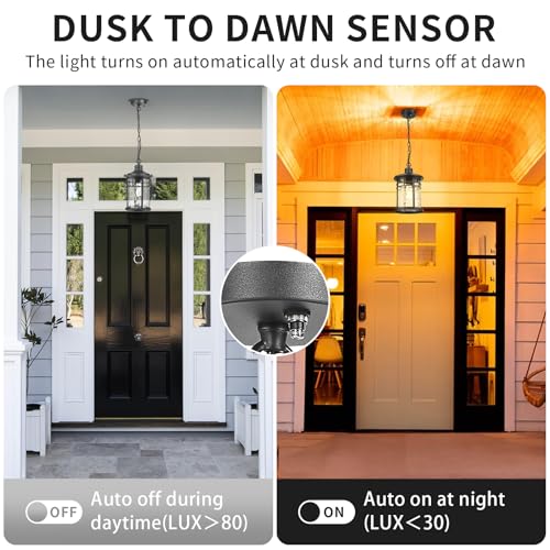 Image of Darkaway Dusk to Dawn Outdoor Pendant Light, 14inch Hanging Porch Light Outdoor Chandelier Ceiling Mount Waterproof Pendant Lights with Water Ripple Glass for Patio Entrance Foyer Entryway