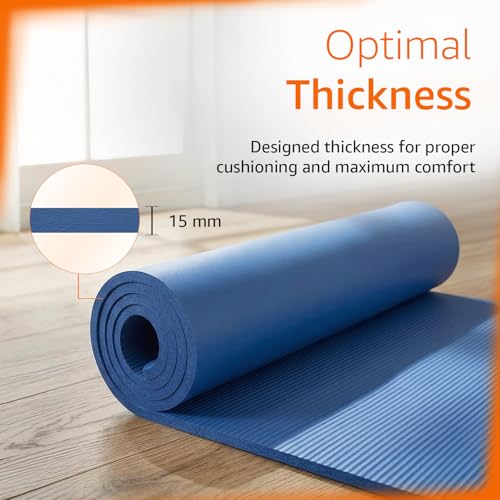 Image of Amazon Basics NBR Yoga & Exercise Mat with Carrying Strap | 15 mm Extra Thick Cushioned Support | Non-Slip Textured Surface | Durable & Comfortable Foam Rubber Material | Floor Protection | Ideal for Yoga, Pilates & Home Workouts | 183 x 61 cm | Blue