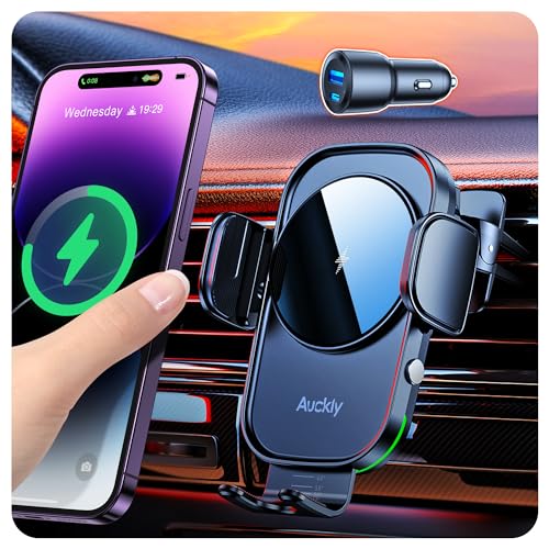 Thumbnail - Auckly Handyhalterung Auto mit Ladefunktion, 【mit 60W Autoanschluss】 Qi 15W Fast Wireless Charger Auto Induktives Automa...