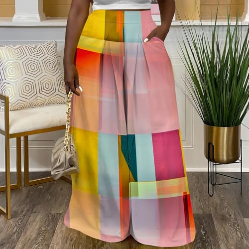 Womens Geometric Print Wide Leg Pants High Waisted Palazzo Pants Casual Flowy Trousers with Pockets4
