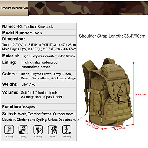 Huntvp® 40L Military Backpack Tactical Hiking Backpack Waterproof Trekking Backpack MOLLE Tactical Sports Backpack Daypack Battle Backpack 14 Inch Laptop Bag for Outdoor Hiking - Image 5