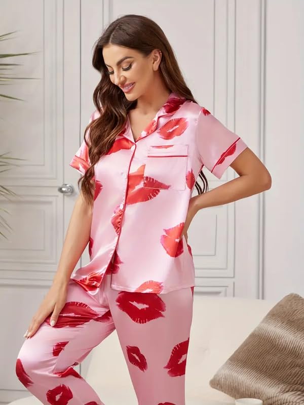 Image of Night Suit for Women with Full Sleeve Button-Down Top with Pant Dress for Woman,Night Dress for Woman, Two-Piece Loungewear Set