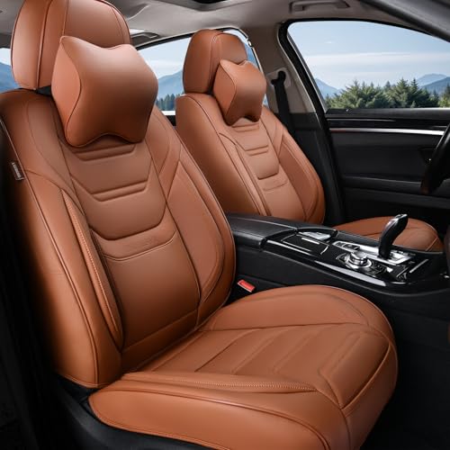 Image of TIEHESYT Car Seat Covers Full Set, Breathable Leather Automotive Front and Rear Seat Covers & Headrest for Reduce The Driving Fatigue, Compatible with Most Vehicles, Cars (Brown, Front Pair)