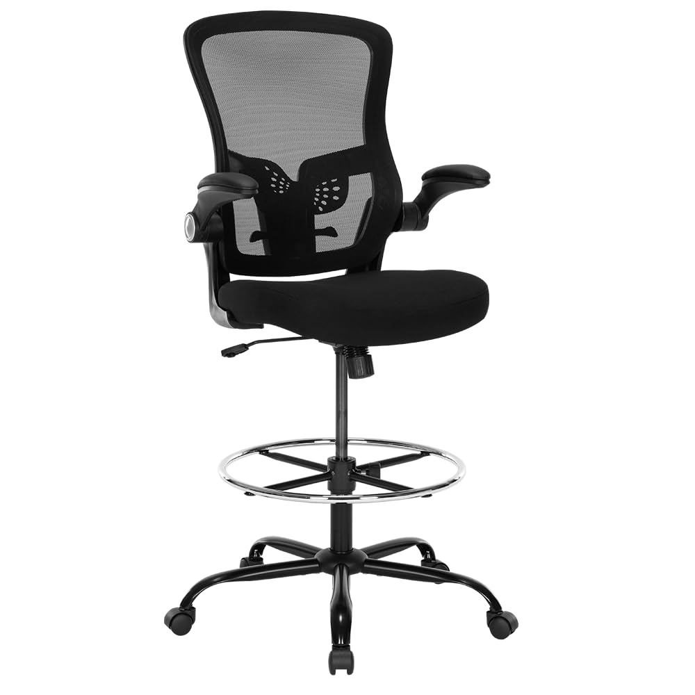 Ergonomischer Zeichenstuhl - Hoher Bürostuhl für Stehpult, Höhenverstellbarer Netzstuhl mit Fußstütze und Klapparmen, Thekenhöhe, Schwarz