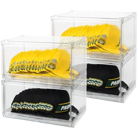 SCAVATA 4 Pack Large Hat Organizer Box, Stackable Clear Baseball Caps Holder Box Containers with Sliding Door for Hats Snapback Cap Storag, Hat Rack Display Case, Holds 20 Hats Each Cover