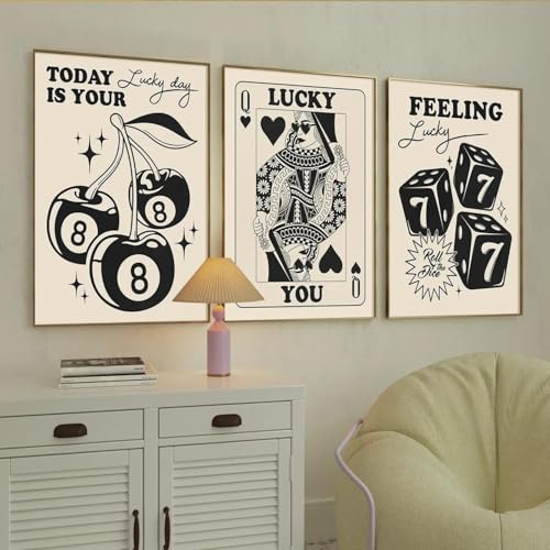 Toile porte-bonheur retro pour salon moderne ZHAOLIN deco poker et cerise noir et blanc x3