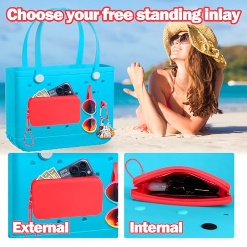 Image of Mity rain Silicone Wallet for Bogg Bag Phone Holder, Accessories Set for Bogg Bag Contain 2PCS Key Holder and a Large Capacity Silicone Zipper Bag for Beach Bags Tote Bag (Red)