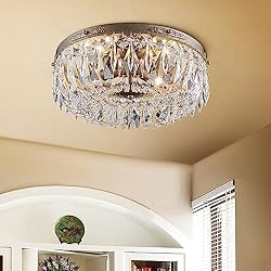 Lamparas De Techo Para Sala Antiguas Bestier Antique Silver French Empire Crystal Semi Flush Mount Araña de iluminación Iluminación LED Lámpara de techo Lámpara para comedor Baño Dormitorio Sala de estar 4 bombillas E14 requeridas