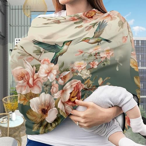 Image of Fashion Hummingbird Floral Print Stylish Infant Babies Nursing Cover Stretchy Car Seat Canopy for Shopping Cart /High Chair /Stroller Covers