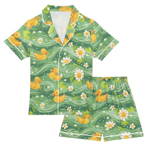 Duck Daisy Flower Green Pajamas Set Summer Button Down Sleepwear Pjs Sets Comfy Loungewear
