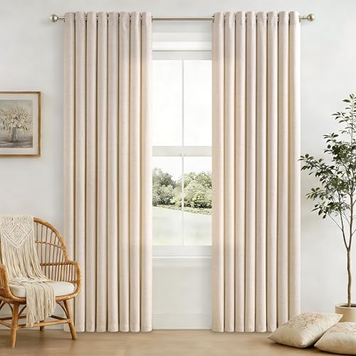 Image of 84 Inch Length 2 Panels Set Natural Linen Sheer Curtains 52x84 | Light Filtering, Semi Sheer, Grommet Drapes, Thick Linen, Privacy, Non-See-Through, Boho, Farmhouse, for Living Room, Bedroom