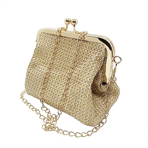 Lin's Liliana Bolso bandolera de paja para mujer, elegante, bolso de noche, respetuoso con el medio ambiente, bolso de playa vintage, tejido a mano, dorado