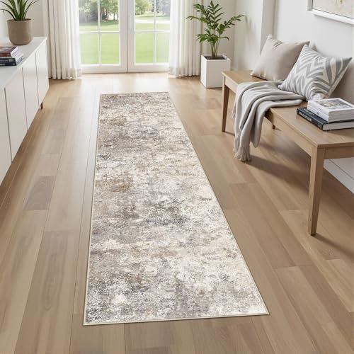 2X8 Washable Runner Rug for Hallway: Soft Neutral Modern Abstract Area Rug - Non-Slip Low Pile Long Throw Indoor Carpet for Kitchen Entryway Kitchen Bedroom Laundry- Brown Grey