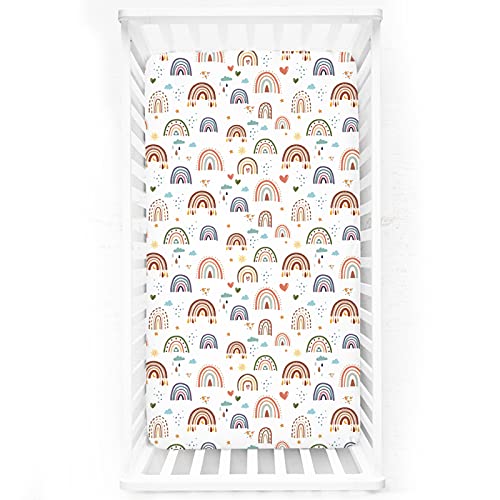 Image of Crib Sheets HNHUAMING Neutral Baby Crib Fitted Sheets, Ultra Soft & Breathable 52 X 28 inch Crib Sheet Snug Fits for Standard Crib Mattress, Rainbow World