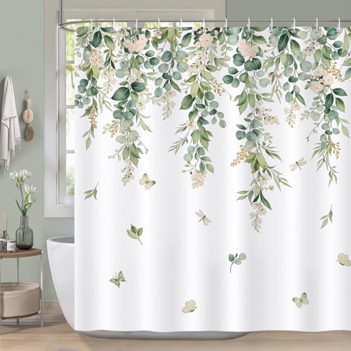 COZZSNUGE Duschvorhang 183 x 183 cm Grün Blätter, Blume Schmetterling Eukalyptus Duschvorhänge Anti-schimmel Wasserdicht Polyester Stoff Badvorhang mit 12 Duschvorhangringen