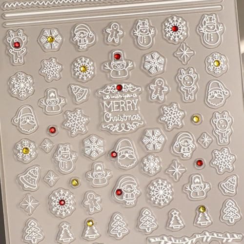 Image of Snowflake Snowman Nail Decals - 5D Embossed Self Adhesive Rhinestone Christmas Tree Stickers for Nail Art Designs - Christmas Supplies