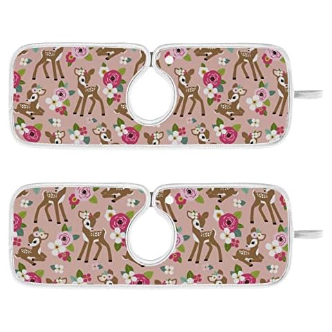 Cute Vintage Deer Fawn on Pink Floral Sink Mat 2 Pack Faucet Absorbent Mats Drying Dish Mat Pad for Kitchen Counter Splash Guard Protector 14'' x 5'' Cover