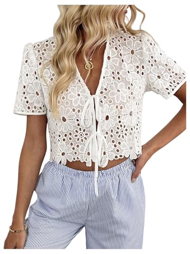 GORGLITTER Women's Floral Tie Front Short Sleeve Blouse Tops Dressy Casual Boho V Neck Eyelet Western Summer Crop Tops