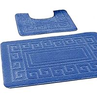 EDS Luxury 2 Piece Greek Bath Mat Set Non Slip Ultra Soft Bathroom Mats Water Absorbent Bath Mats Machine Washable Rug Toilet Mat for Bathroom Floor (Blue)
