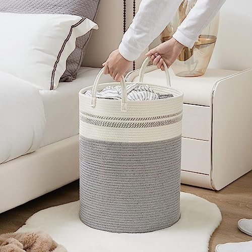 Image of Cotton Rope Laundry Basket with Handles, Large Round Woven Storage Basket for Clothes,Blankets,Towels&Toys, Multipurpose Home Organizer Basket for Bedroom(Grey Mix,Small (35L)(10 inchX10 inchX10 inch)