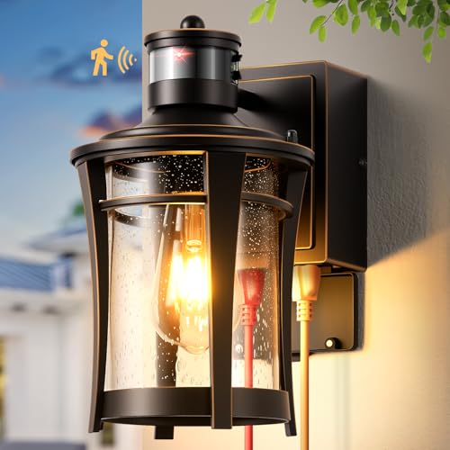 Image of Gleamz Front Porch Light with Outlet, ORB Gold Trim Modern Motion Sensor Outdoor Lights with GFCI, Waterproof Exterior Wall Light Fixtures, Anti Rust Garage Lights Wall Lantern, Adjustable Detection
