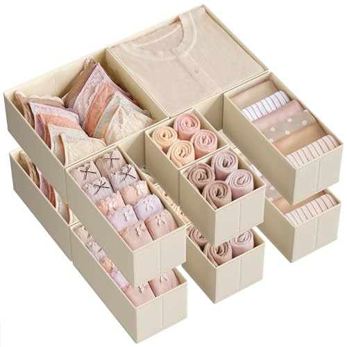Image of SONGMICS Drawer Organizer, Dresser Drawer Organizers, Set of 12, Foldable Fabric Storage Bins for Socks, Underwear, Bras, Ties, Scarves, Sand Beige URDZ006Y02