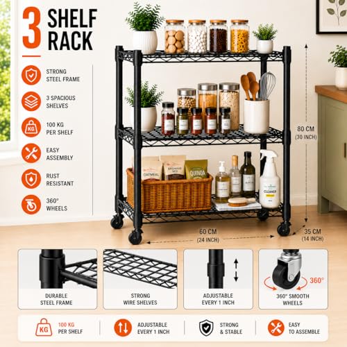 Image of STORACK 3 Tier Heavy Duty Kitchen Storage Rack for Home & Pantry | Ventilated Wire Shelving Unit | Multipurpose Steel Organizer Stand, Laundry & Utility Storage | 60 x 35 x 82 CM | Black Chrome Finish