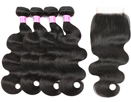 RUI MEI SI 8A Brazilian Virgin Hair body wave 4 Bundles with Closure 100% Unprocessed Human Hair Weave With Lace Closure (16 18 20 22+16)